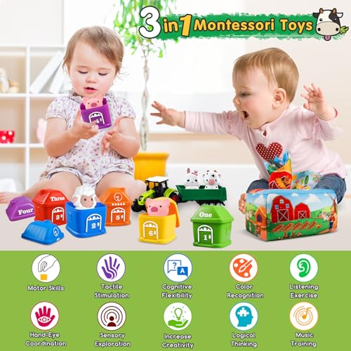 Plunack Montessori 3-in-1 learning and motor skills toy for babies, farm set with tractor