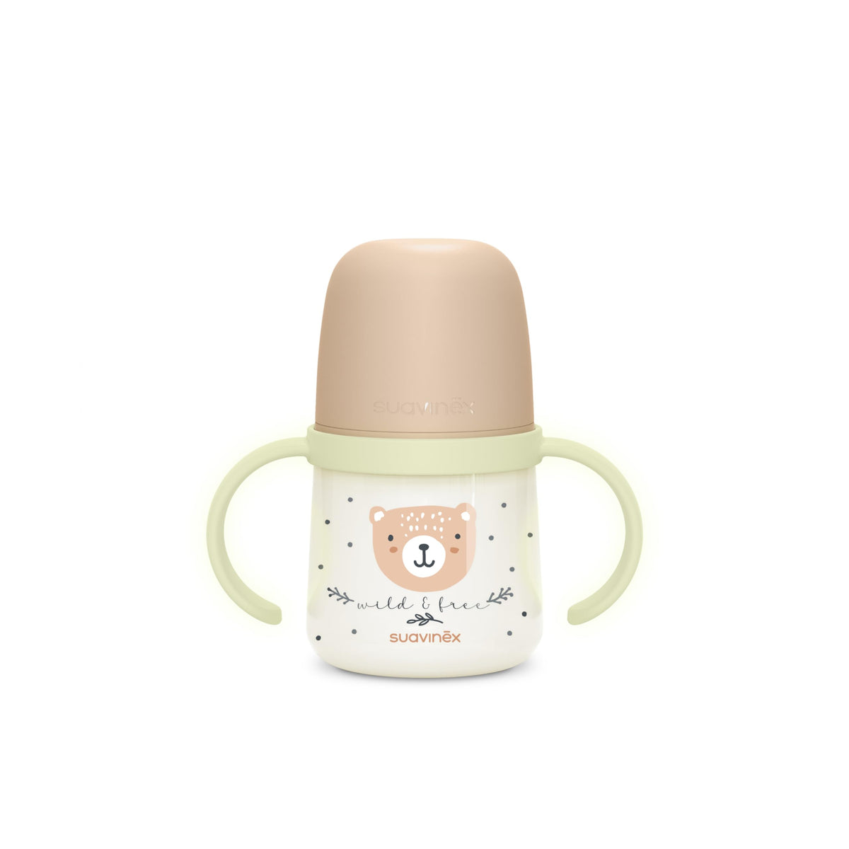 SUAVINEX treeningtass 150 ml, +6M, beige, helendavate käepidemete ja pehme silikoonotsikuga