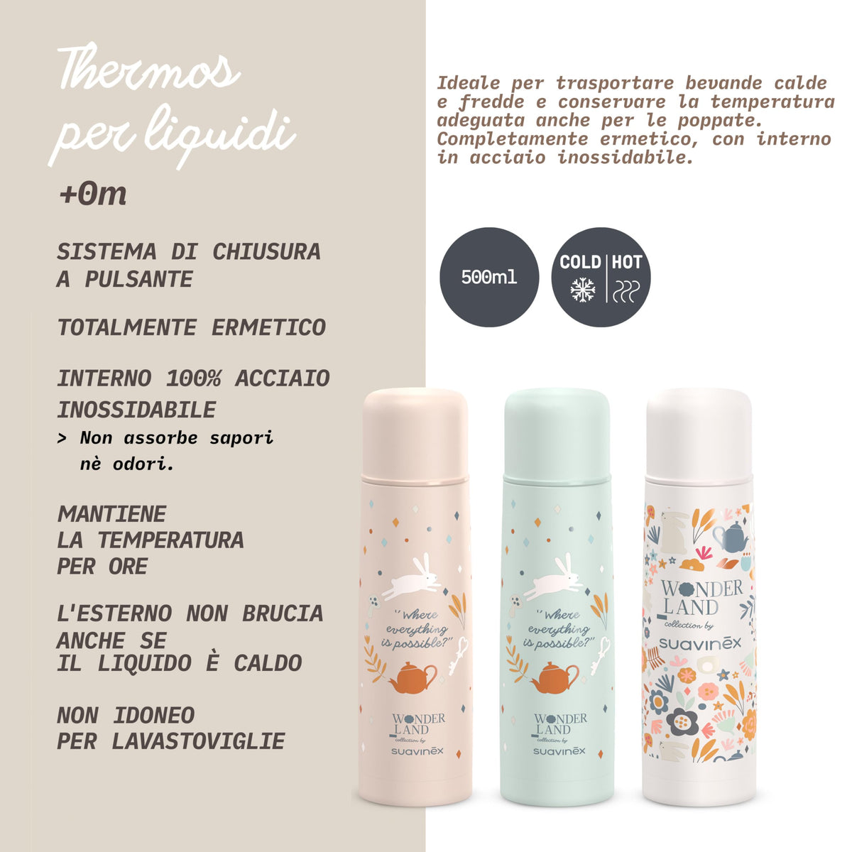 Suavinex roostevabast terasest termos 500 ml, valge (Wonderland kollektsioon)