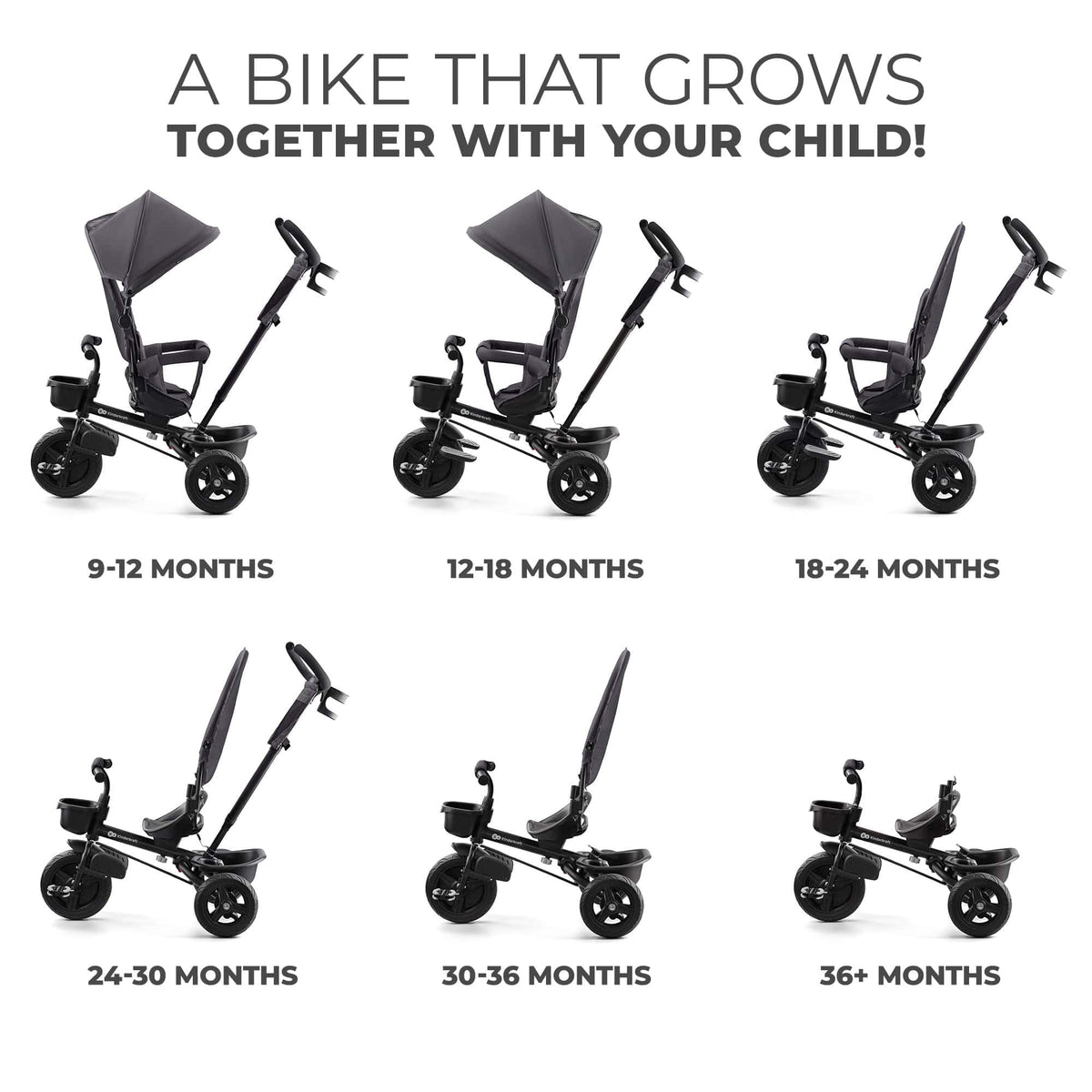 Kinderkraft AVEO foldable tricycle for ages 9 months to 5 years, grey