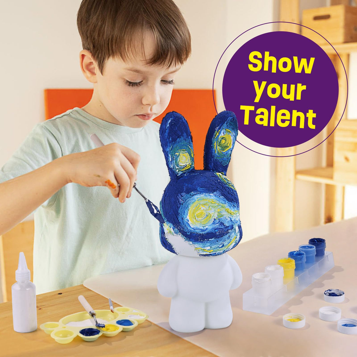 DIY bunny-shaped cash register craft kit for kids, paintable in "Galaxy" style