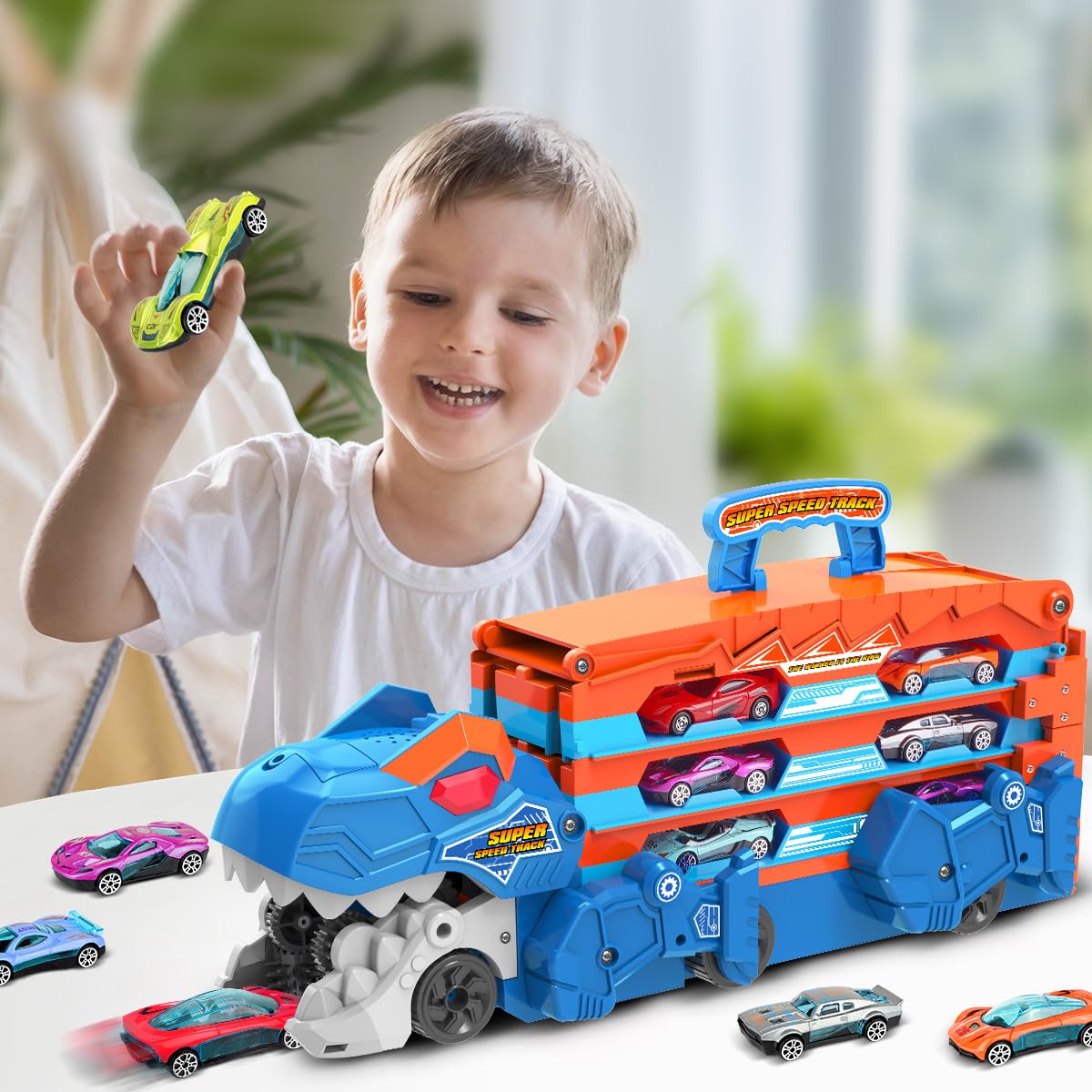 3-in-1 Dinosauruseteemaline transpordiveok ja rallirada 8 mudelautoga