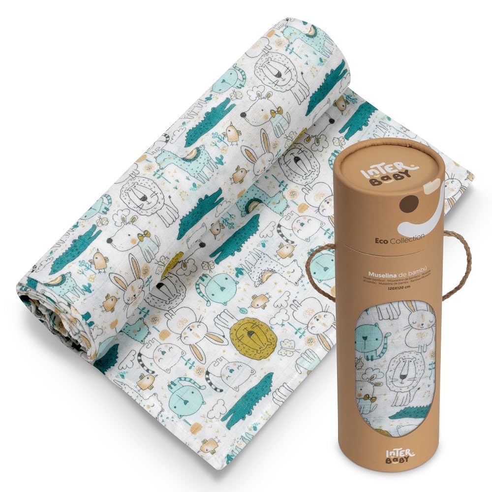 Interbaby bamboo muslin blanket for babies, 120 × 120 cm, 3 pcs, animals