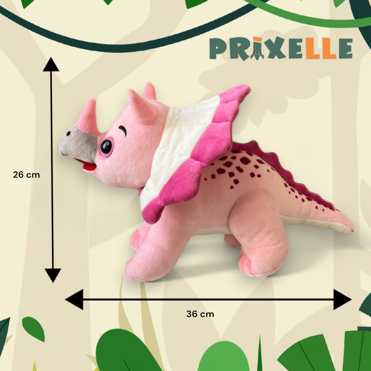 PRIXELLE pink triceratops dinosaur soft toy, 36 cm