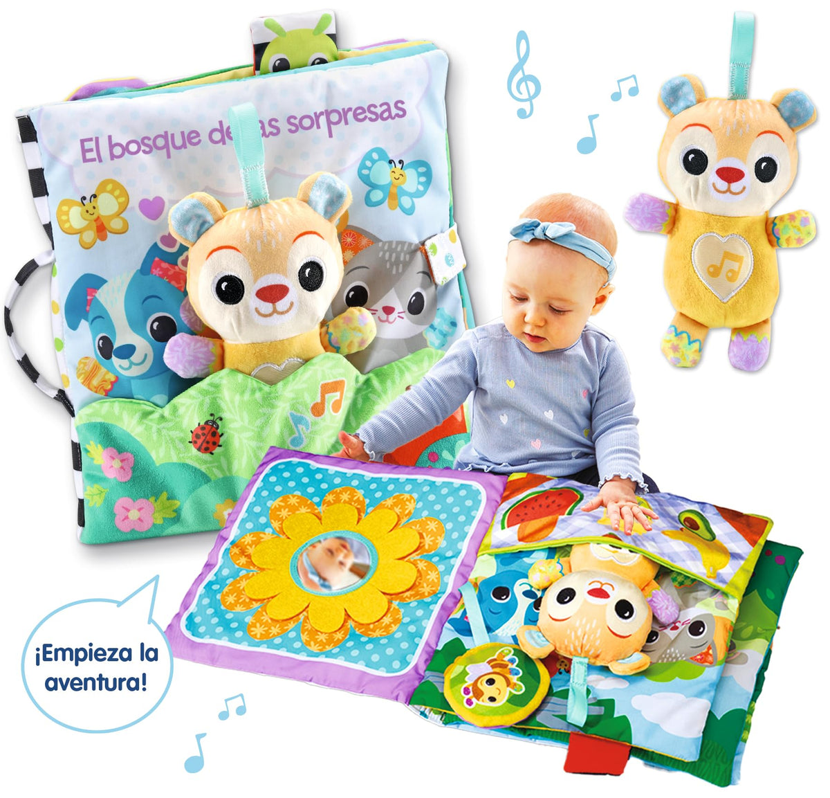VTech Baby sensoorne riidest raamat „Üllatuste mets“, interaktiivne, 3+ kuud (hispaaniakeelne)