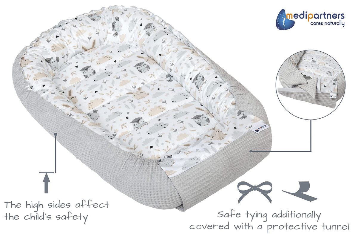 Medi Partners baby nest cocoon, 100×60×15 cm, reversible, cotton Waffle, grey