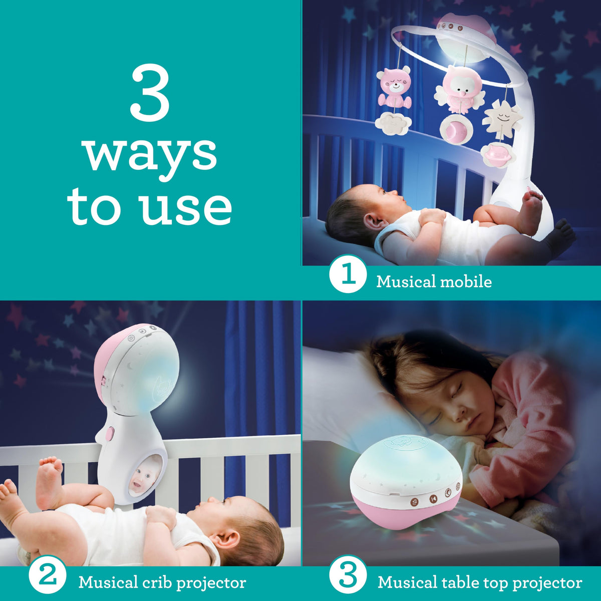 Infantino 3-in-1 projector music crib carousel Dusty Rose
