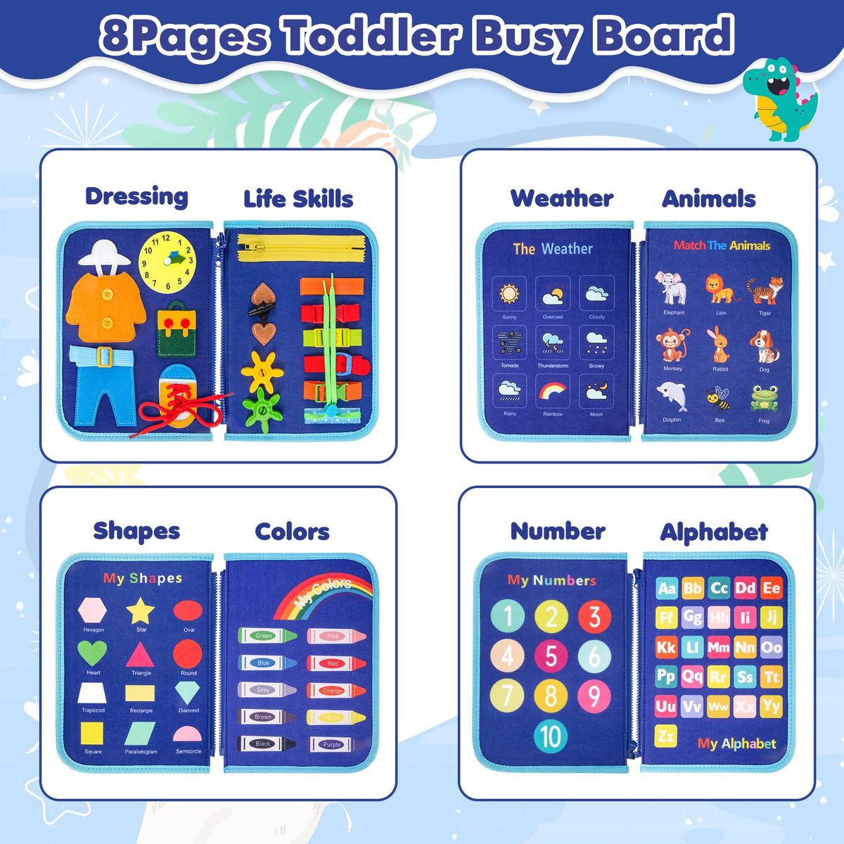 Montessori felt Busy Board sensory suitcase, 7 panels, for children 1–7 years, blue