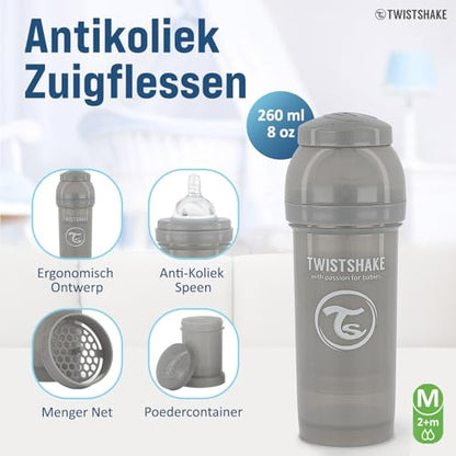 Twistshake koolikuvastane lutipudel 260 ml + piimapulbri konteiner, hall