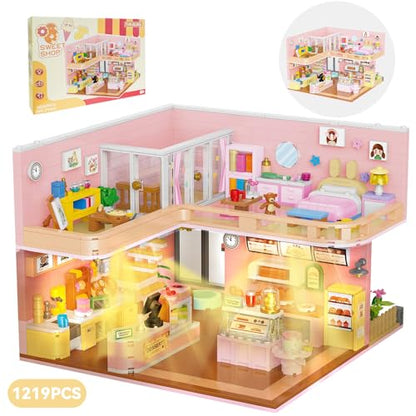 Mini block cafe-themed dollhouse, 1220 pcs building set for children 8+