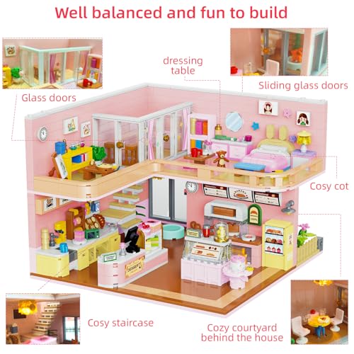 Mini block cafe-themed dollhouse, 1220 pcs building set for children 8+
