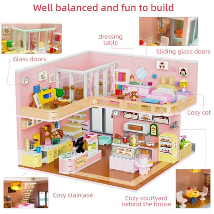 Mini block cafe-themed dollhouse, 1220 pcs building set for children 8+