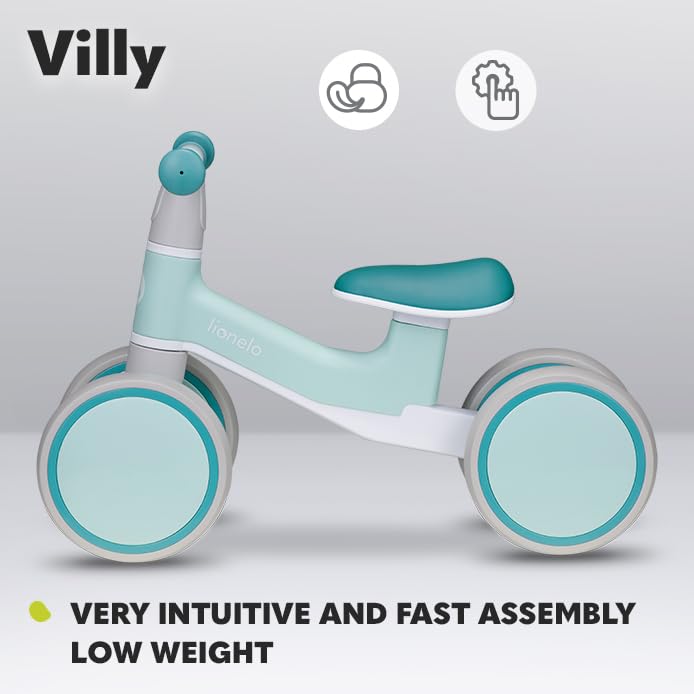 Lionelo VILLY balance bike for 1–3 year olds, 4 wheels, turquoise blue