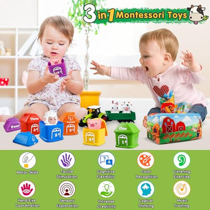 Plunack Montessori 3-in-1 learning and motor skills toy for babies, farm set with tractor