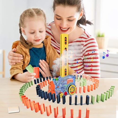BARVERE steam train shaped domino train with 80 blocks, lights and sounds