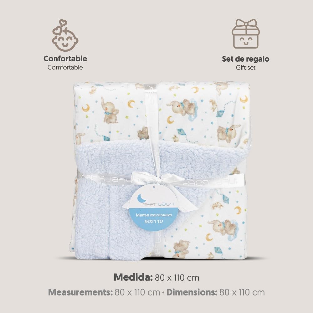 Interbaby beebitekk 80 × 110 cm – elevandi mustriga, sinine