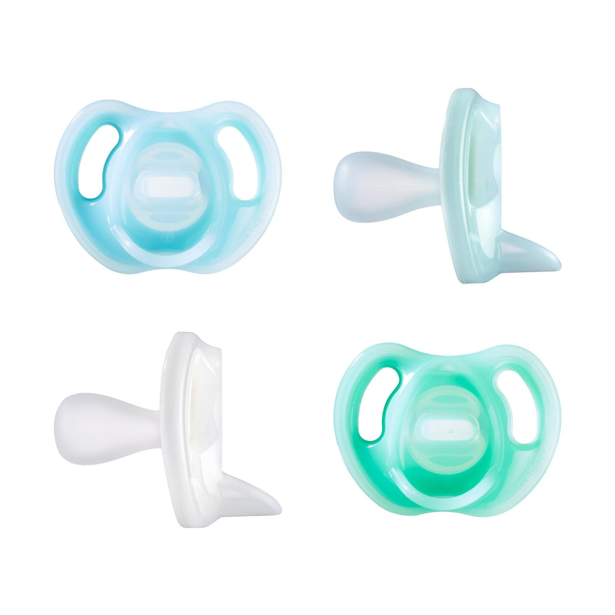 Tommee Tippee Ultra-Light silicone pacifier set, 0–6 months, 4 pcs, blue/green/transparent