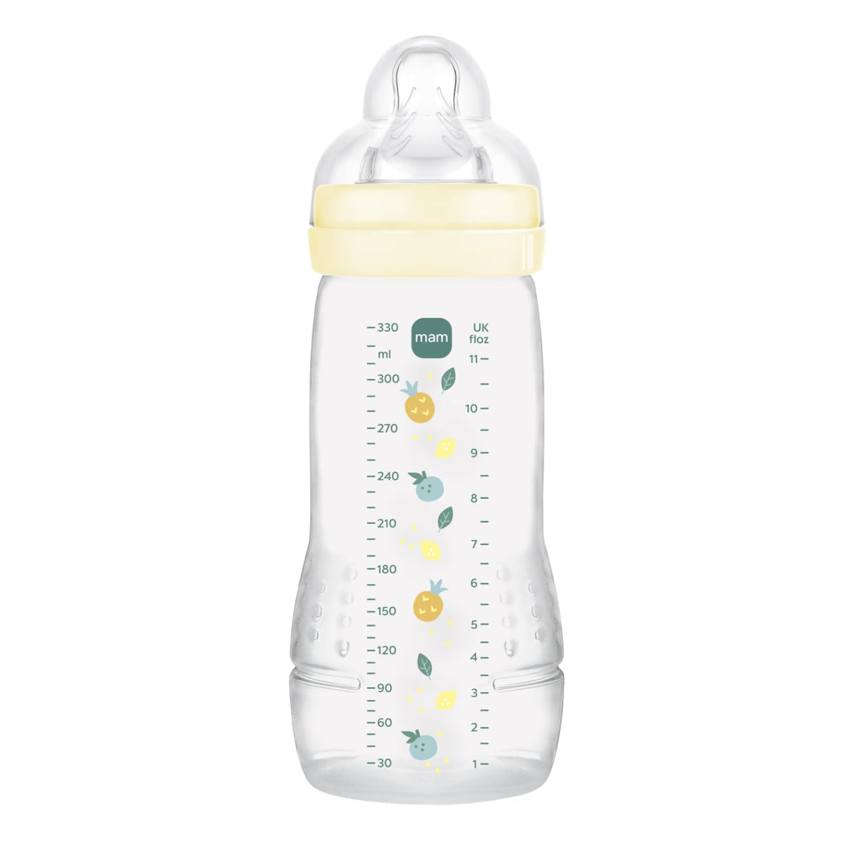 MAM Easy Active lutipudel 330 ml, kiire vooluga silikoonlutiga, 6. elukuust, kollane