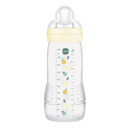 MAM Easy Active lutipudel 330 ml, kiire vooluga silikoonlutiga, 6. elukuust, kollane