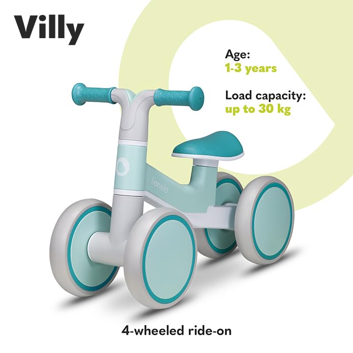 Lionelo VILLY balance bike for 1–3 year olds, 4 wheels, turquoise blue