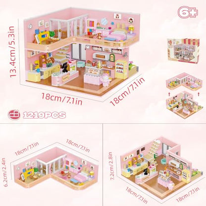 Mini block cafe-themed dollhouse, 1220 pcs building set for children 8+