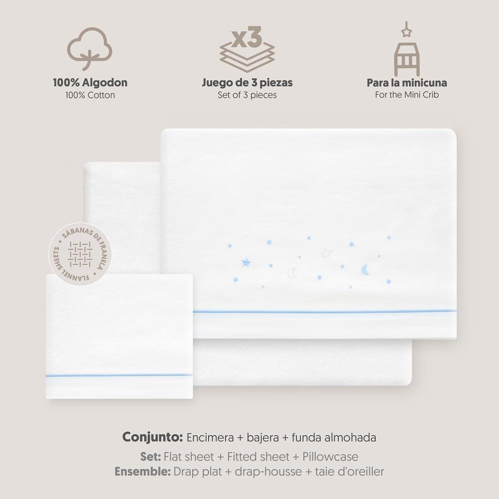 Interbaby voodipesukomplekt beebivoodile 50 x 80 cm, flanell, valge/sinine, 3-osaline