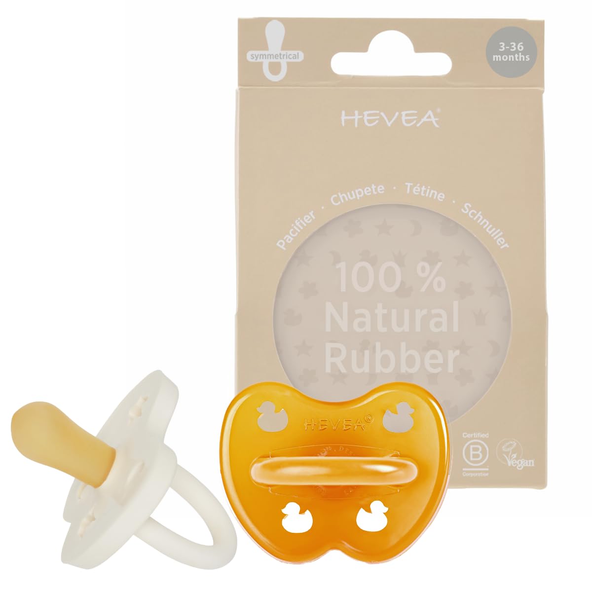 HEVEA natural rubber symmetrical pacifier, 3–36 months, 1 pc – Milky White