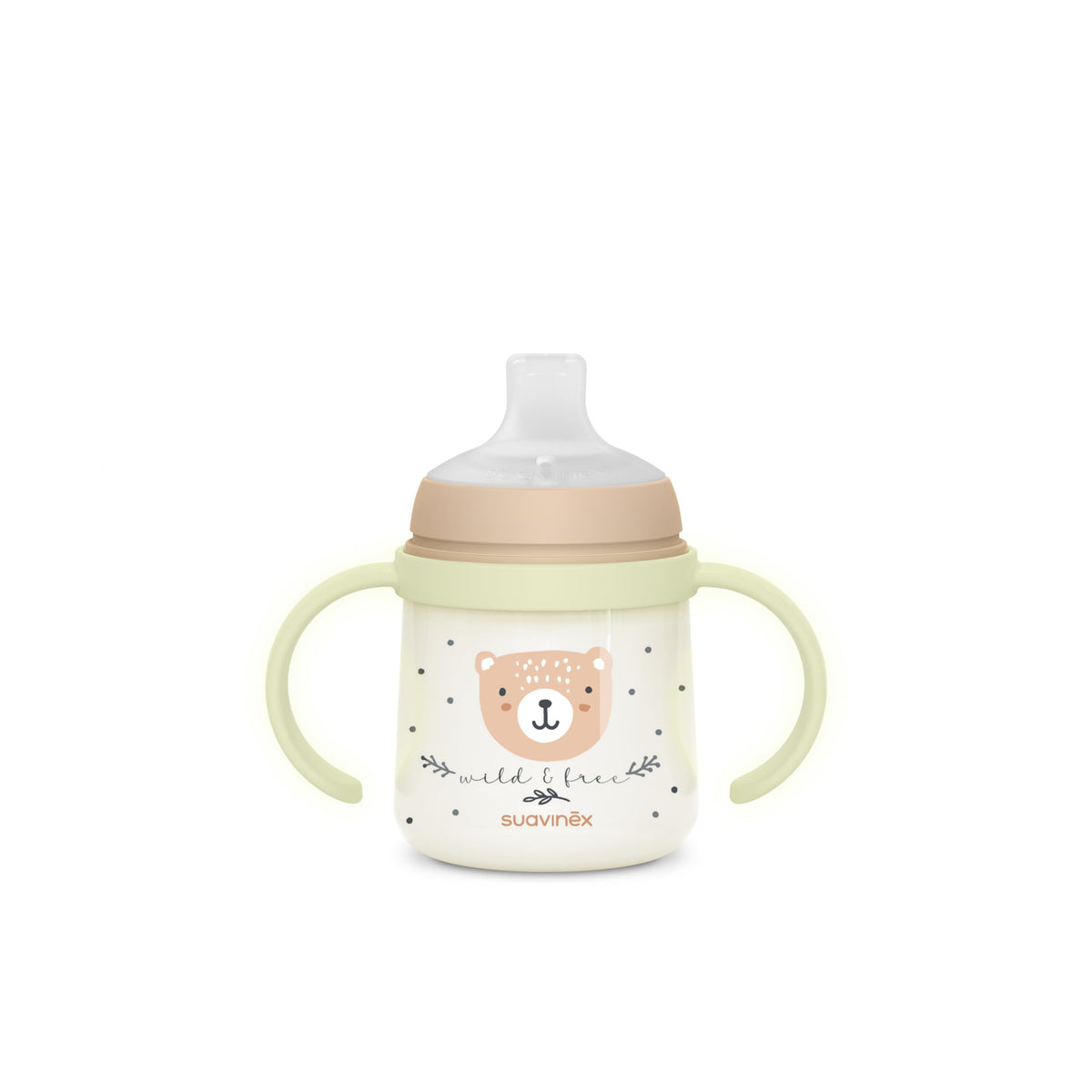 SUAVINEX treeningtass 150 ml, +6M, beige, helendavate käepidemete ja pehme silikoonotsikuga