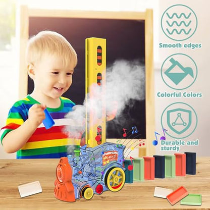 BARVERE steam train shaped domino train with 80 blocks, lights and sounds