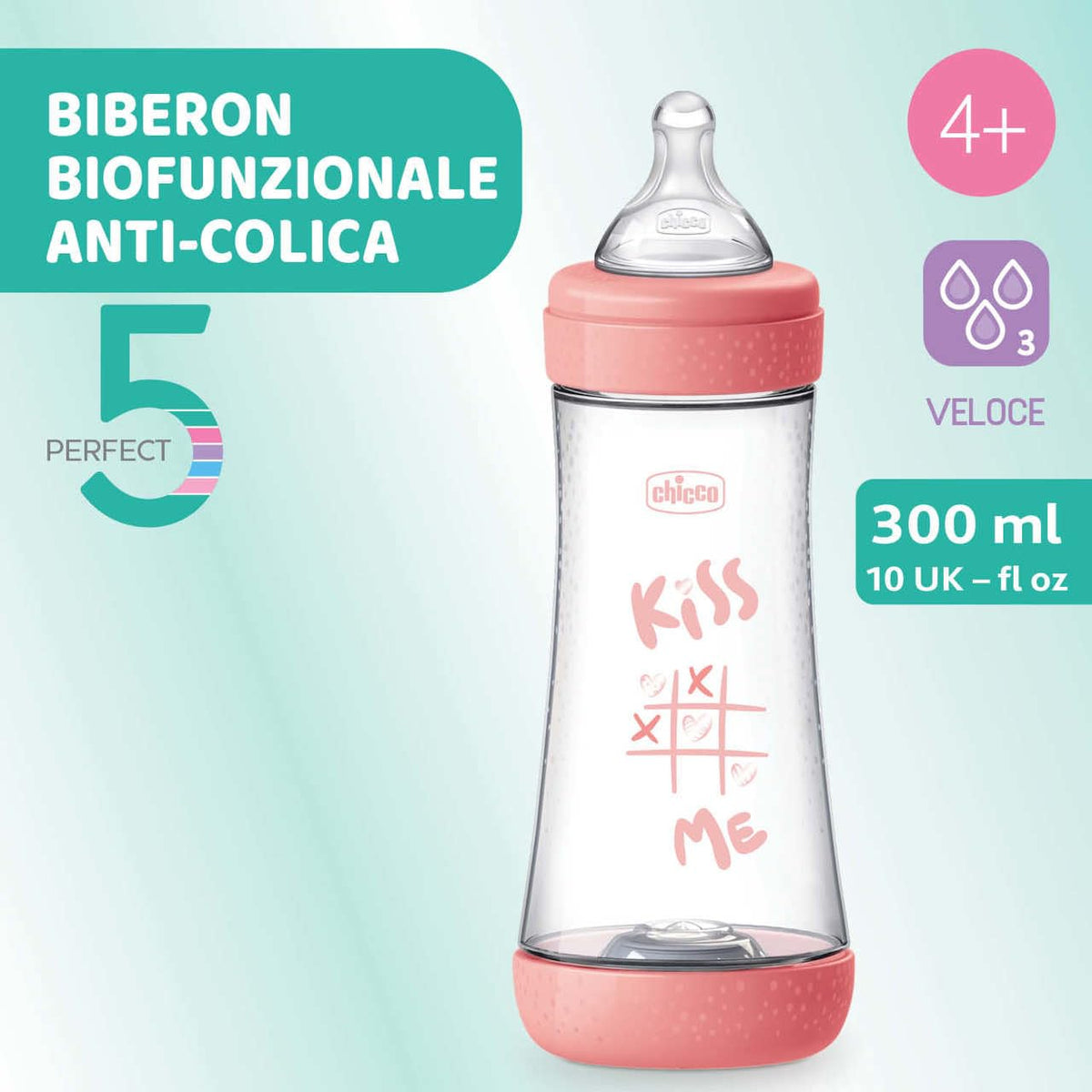 Chicco PERFECT 5 antikoolik-lutipudel 300 ml, roosa, 4+ kuud, Intui-flow süsteem