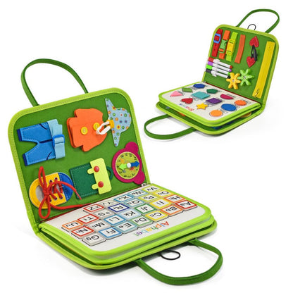 Montessori felt Busy Board sensory suitcase, 7 panels, for children 1–7 years, green