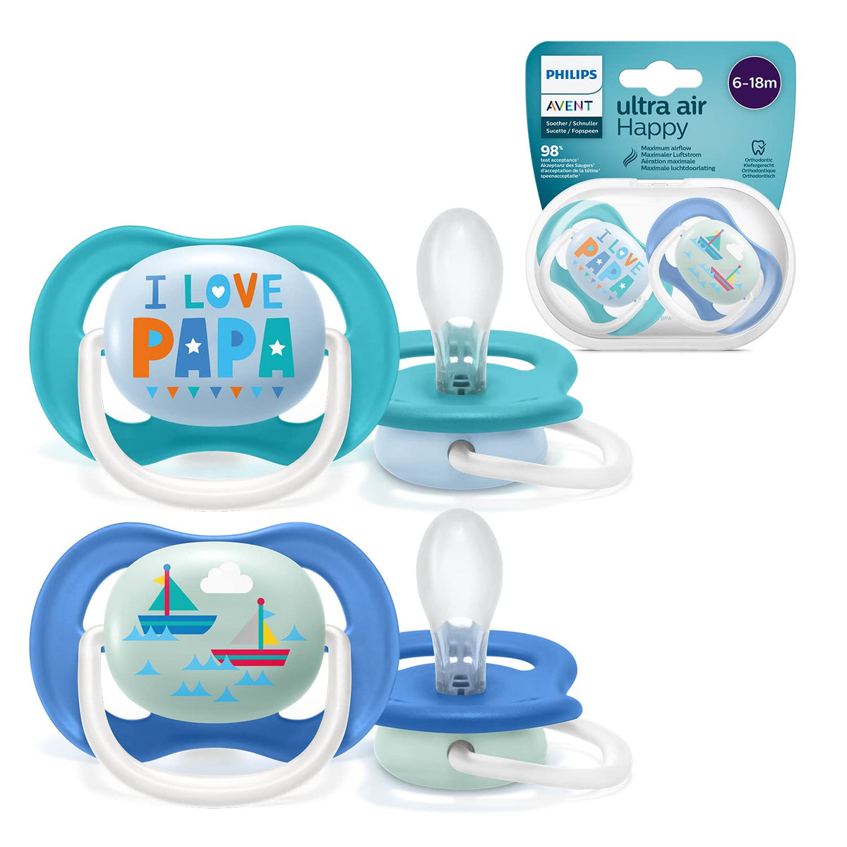 Philips Avent Ultra Air pacifier, 6–18 months, orthodontic, BPA-free, blue/turquoise, 2 pcs + sterilizing/storage case
