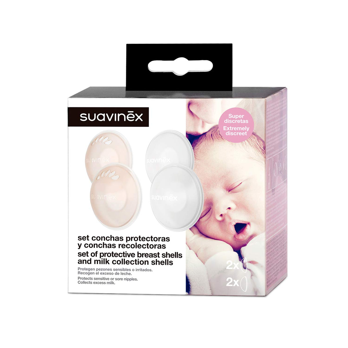 Suavinex silicone breast shield set: 2 milk collectors and 2 protective cases