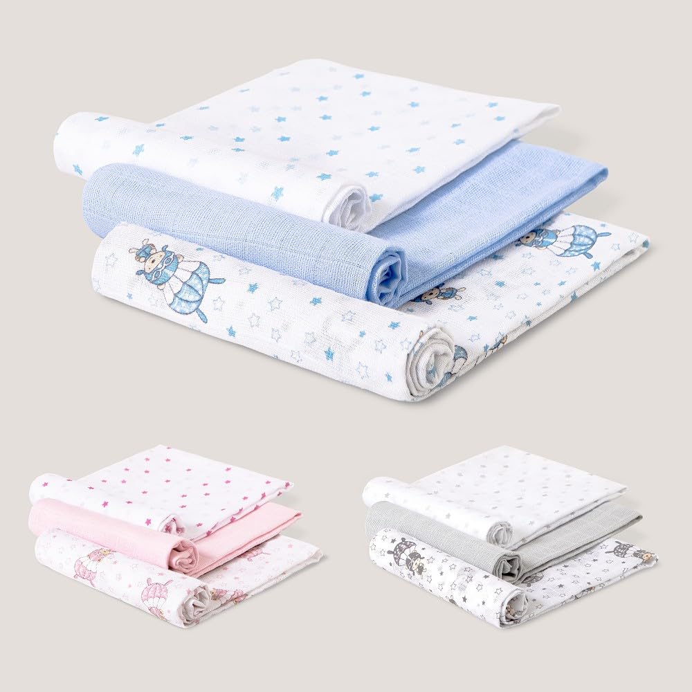 Interbaby 3-osaline musliinlappide komplekt, sinine, 80 × 80 cm