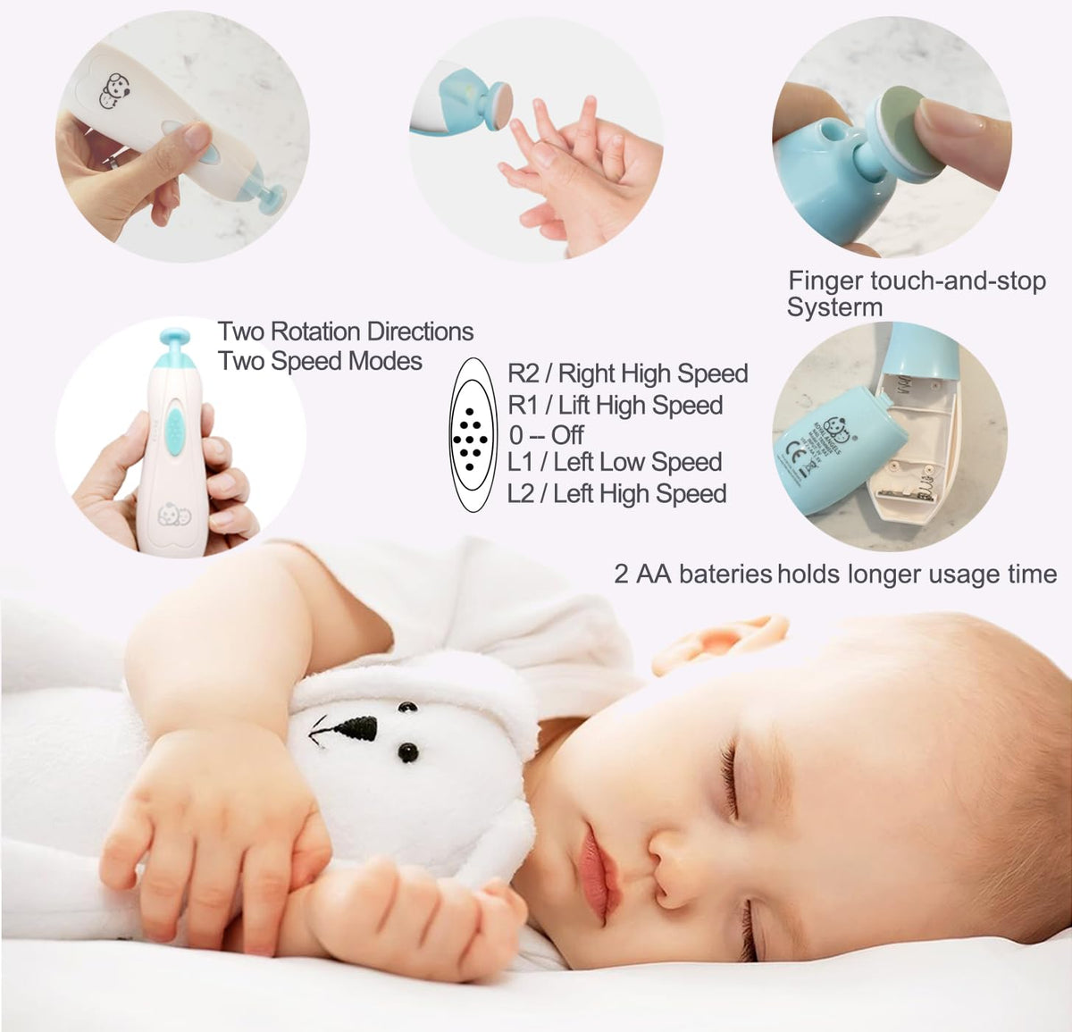 Royal Angels electric baby nail file, 21-piece set with LED light, 13 extra pads, turquoise