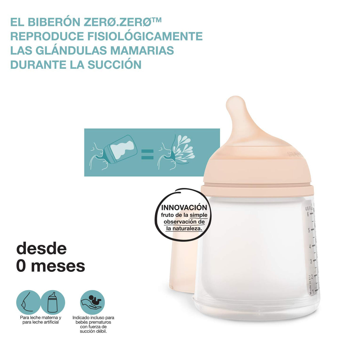Suavinex Zero Zero newborn pacifier bottle, 180 ml, slow flow, anti-colic bottle