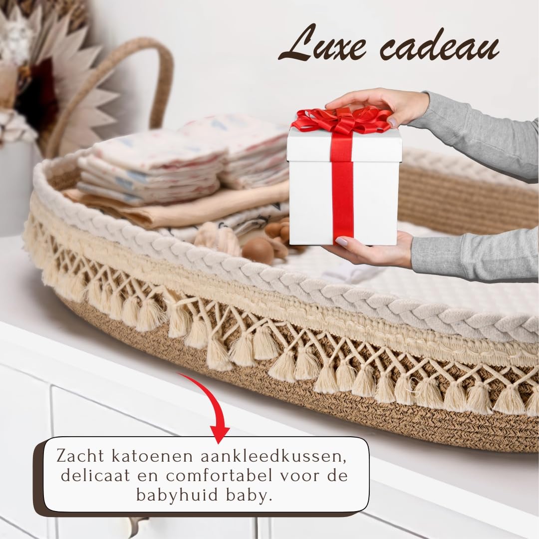 SEBRAM Luxe changing mat and baby basket with extra travel mattress, foam mattress and waterproof cover, cotton rope (beige)