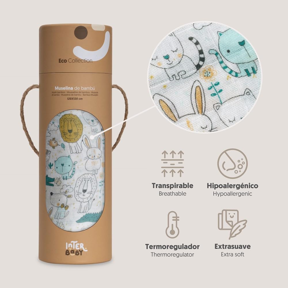 Interbaby bamboo muslin blanket for babies, 120 × 120 cm, 3 pcs, animals