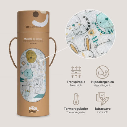 Interbaby bamboo muslin blanket for babies, 120 × 120 cm, 3 pcs, animals