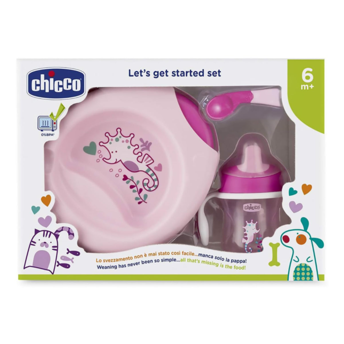 Chicco sööginõude komplekt 6+ kuud, roosa, 2-osaline taldrik, joogitass ja lusikas