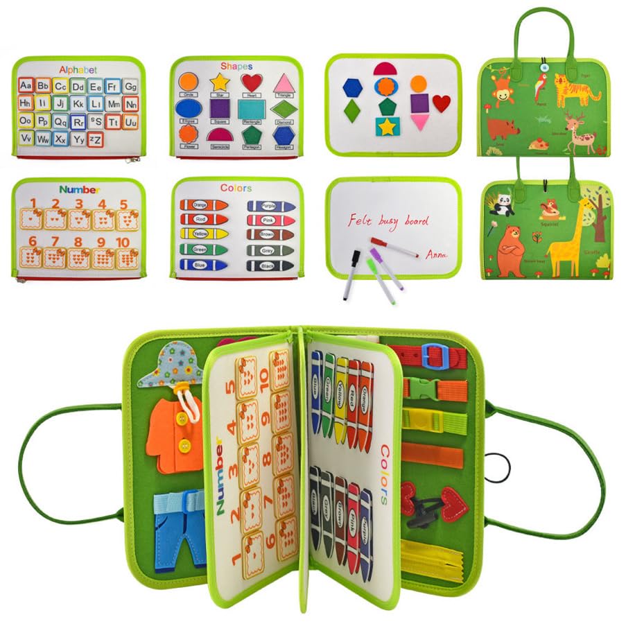 Montessori felt Busy Board sensory suitcase, 7 panels, for children 1–7 years, green