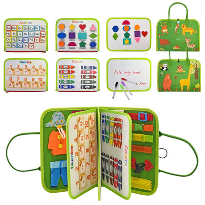 Montessori felt Busy Board sensory suitcase, 7 panels, for children 1–7 years, green