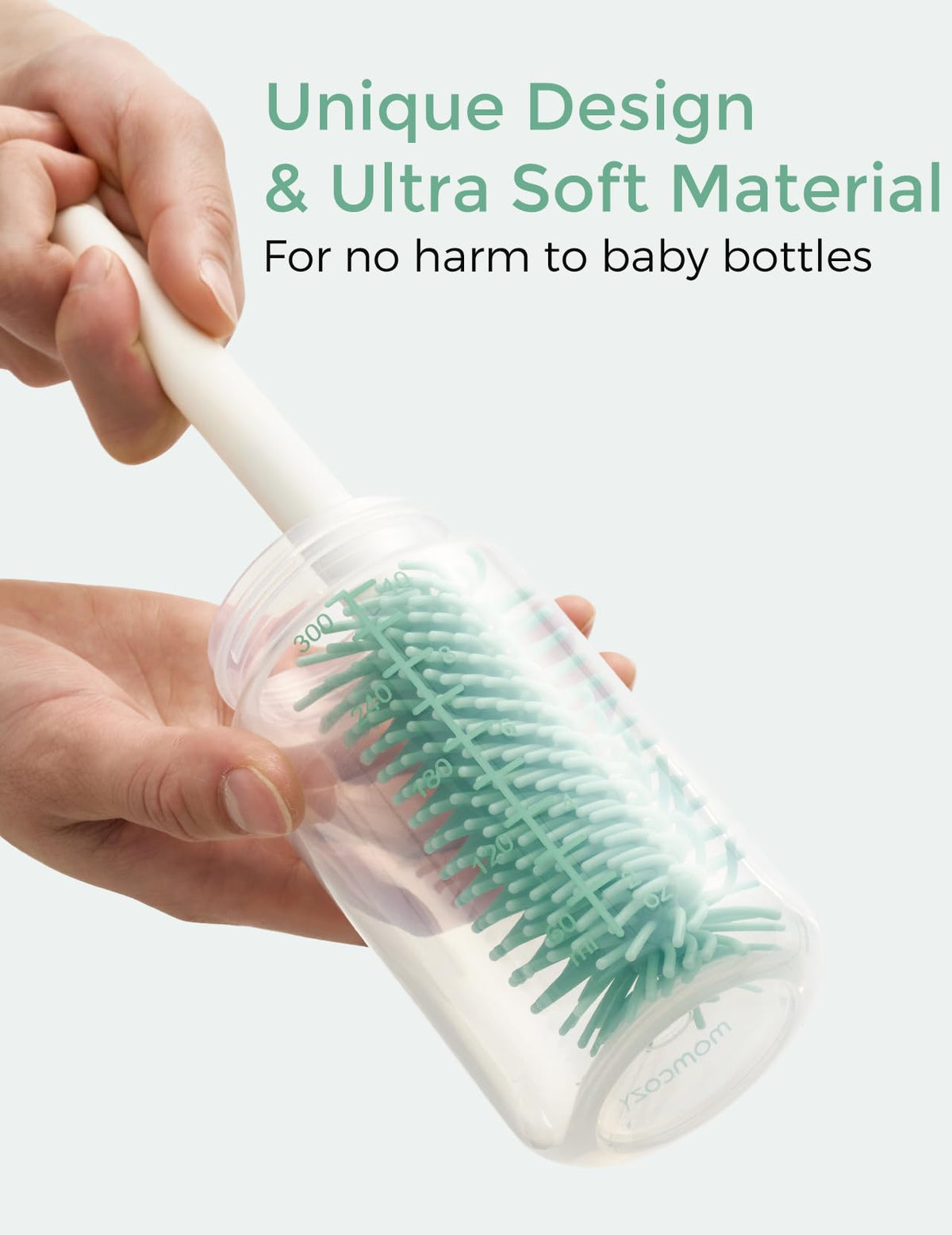 Momcozy 7-in-1 baby bottle cleaning set with silicone brushes and drying rack, green