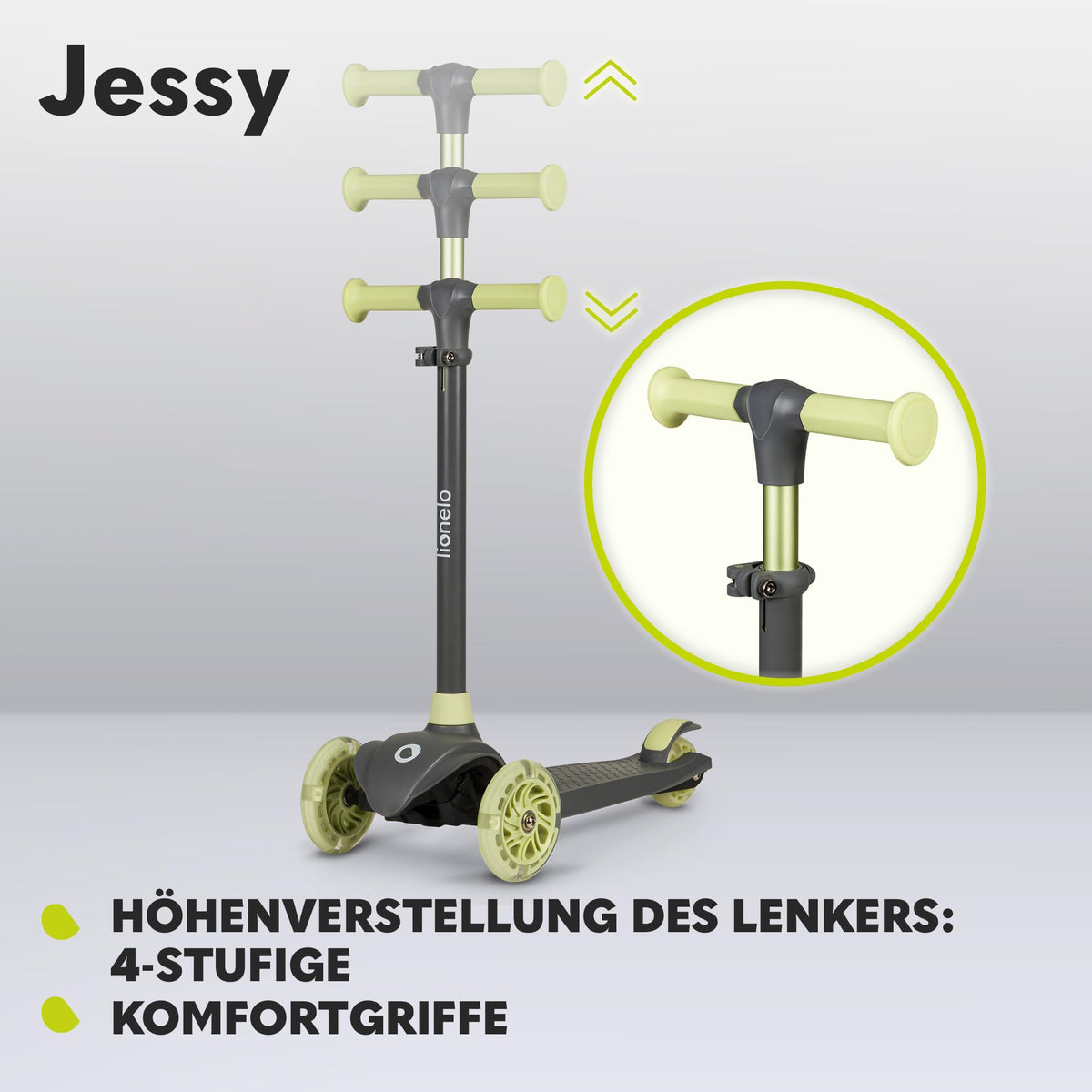 Lionelo Jessy Premium kolmerattaline laste tõukeratas LED-ratastega, roheline, 3+ aastat