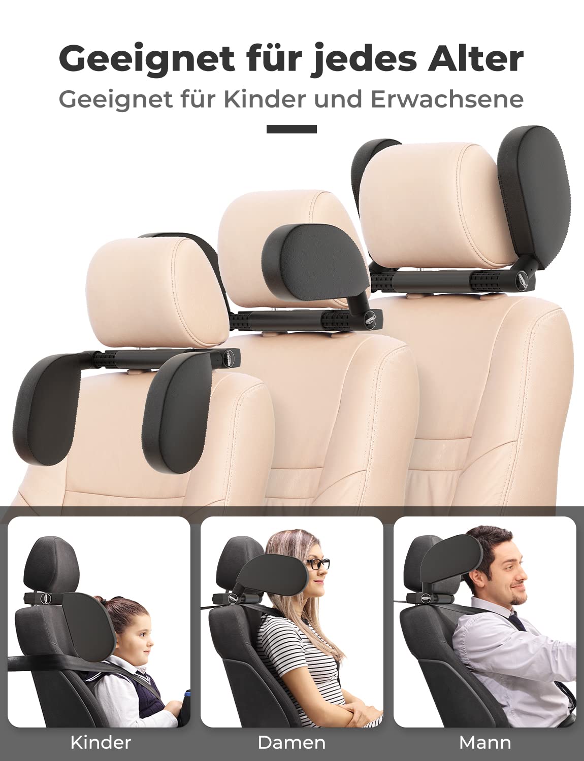 Oasser adjustable car headrest for children and adults, black
