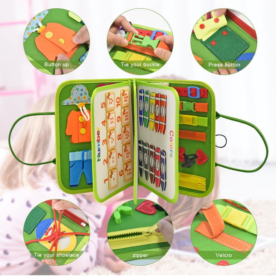 Montessori felt Busy Board sensory suitcase, 7 panels, for children 1–7 years, green
