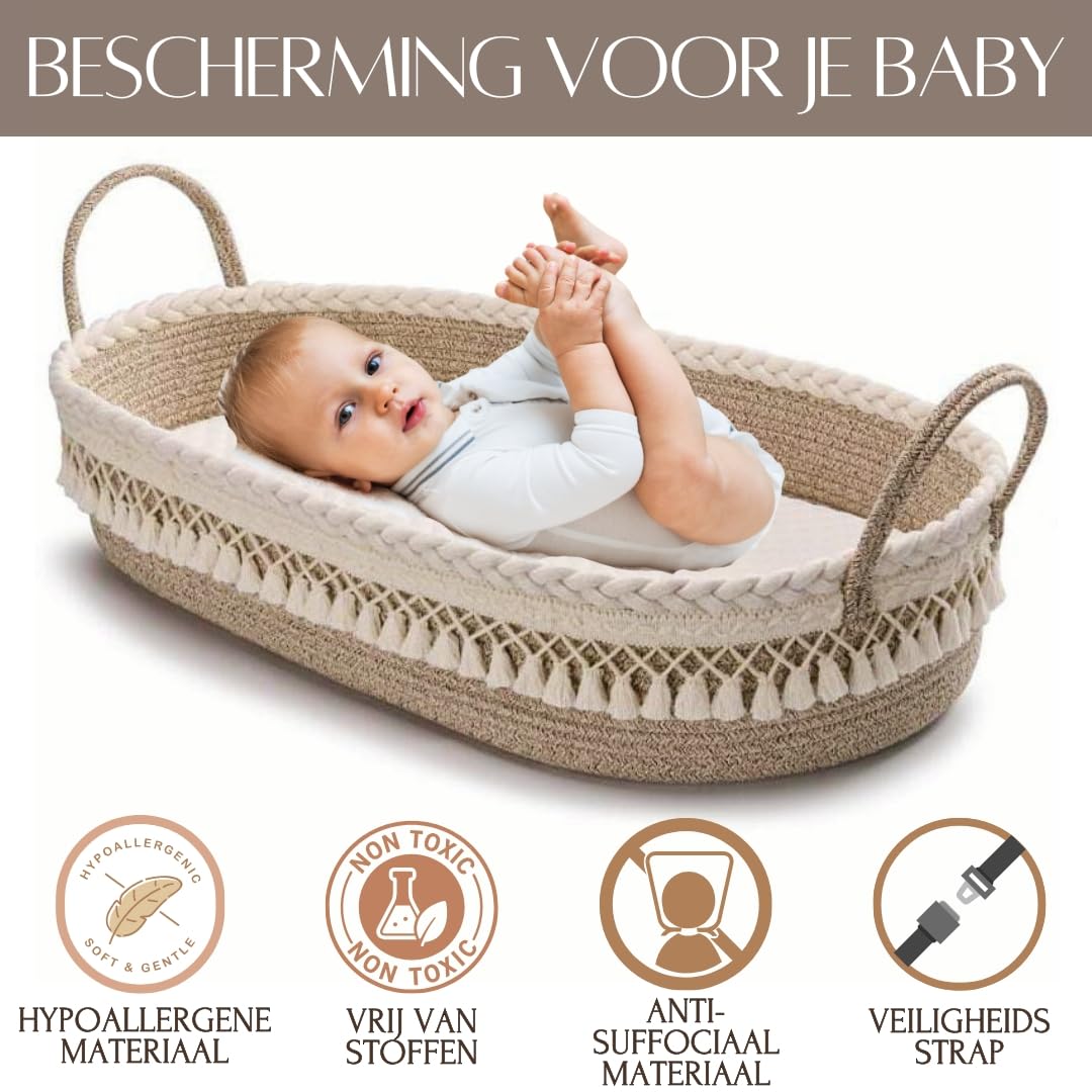 SEBRAM Luxe changing mat and baby basket with extra travel mattress, foam mattress and waterproof cover, cotton rope (beige)