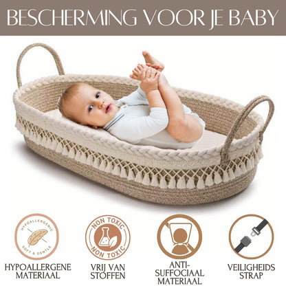 SEBRAM Luxe changing mat and baby basket with extra travel mattress, foam mattress and waterproof cover, cotton rope (beige)