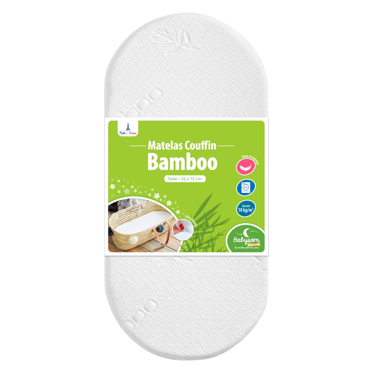 Babysom bamboo viscose mattress for cradle and stroller basket, 72 × 32 cm