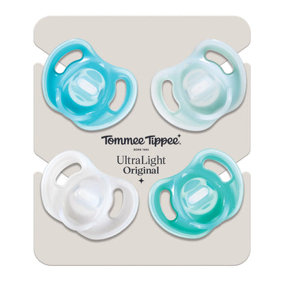 Tommee Tippee Ultra-Light silicone pacifier set, 0–6 months, 4 pcs, blue/green/transparent